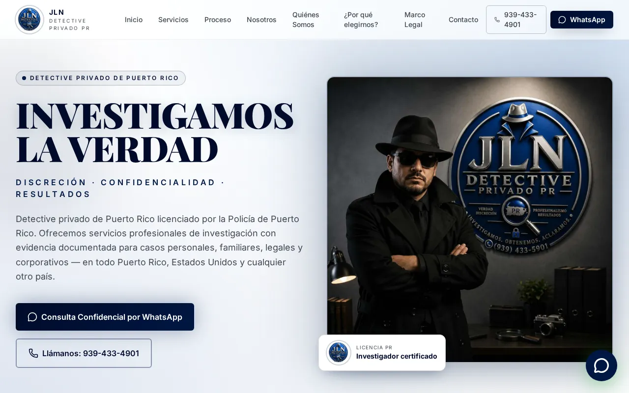 JLN Detective PR - página web diseñada por Olarte Digital Hub