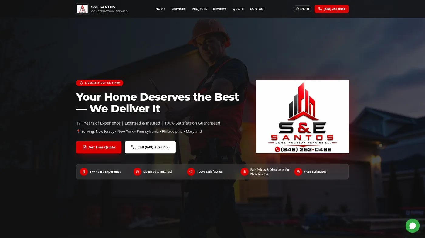 S&E Santos Construction - página web diseñada por Olarte Digital Hub